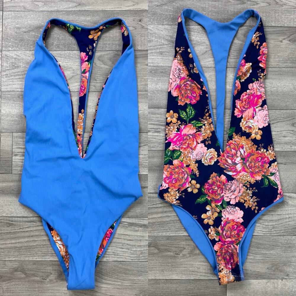 Maaji Tiki Reversible Cheeky One Piece Swimsuit Blue Ribbed Floral Print sz M